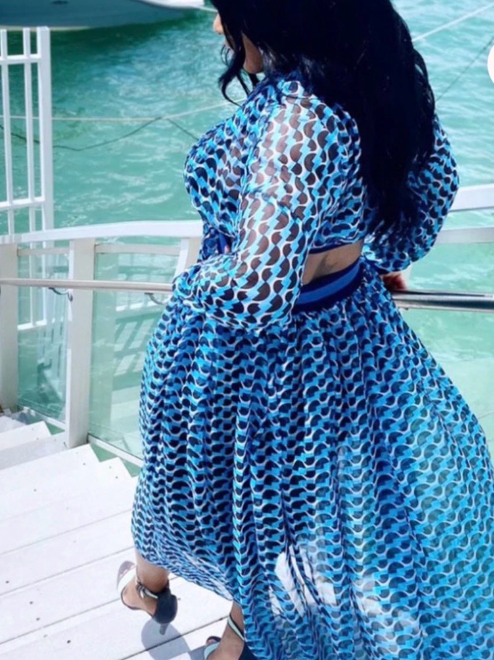 Blue Geometric Sheer Cutout Maxi Dress Puff Sleeve